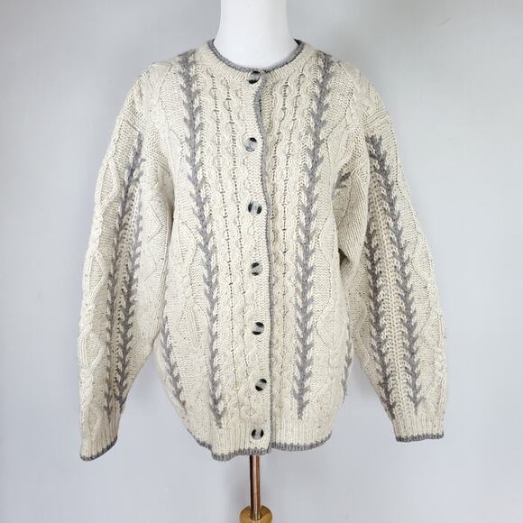 Woolrich Nordic Fisherman Grandpa Cable Knit Cardigan Sweater Cream VTG 90s Sz L - Picture 1 of 16